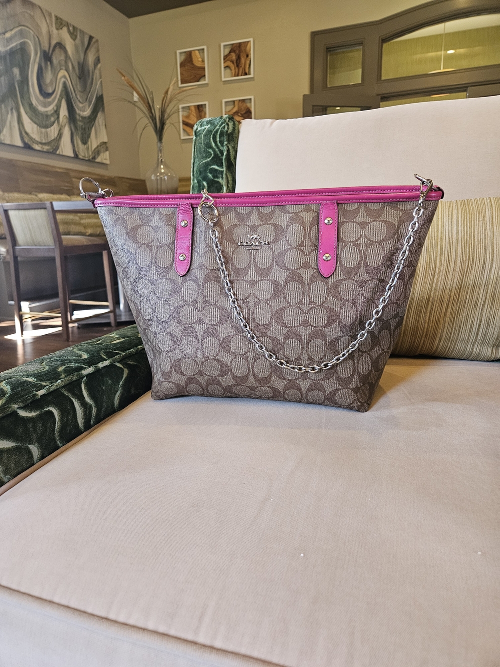 Coach Brown Signature Tote with Pink Trim and Chain Strap